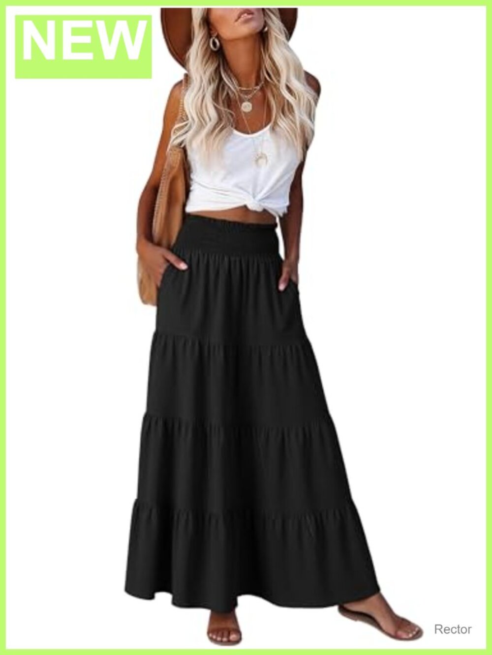 Women's Maxi Skirt Elastic High Waist A-Line Tiered Flowy Boho Summer Beach